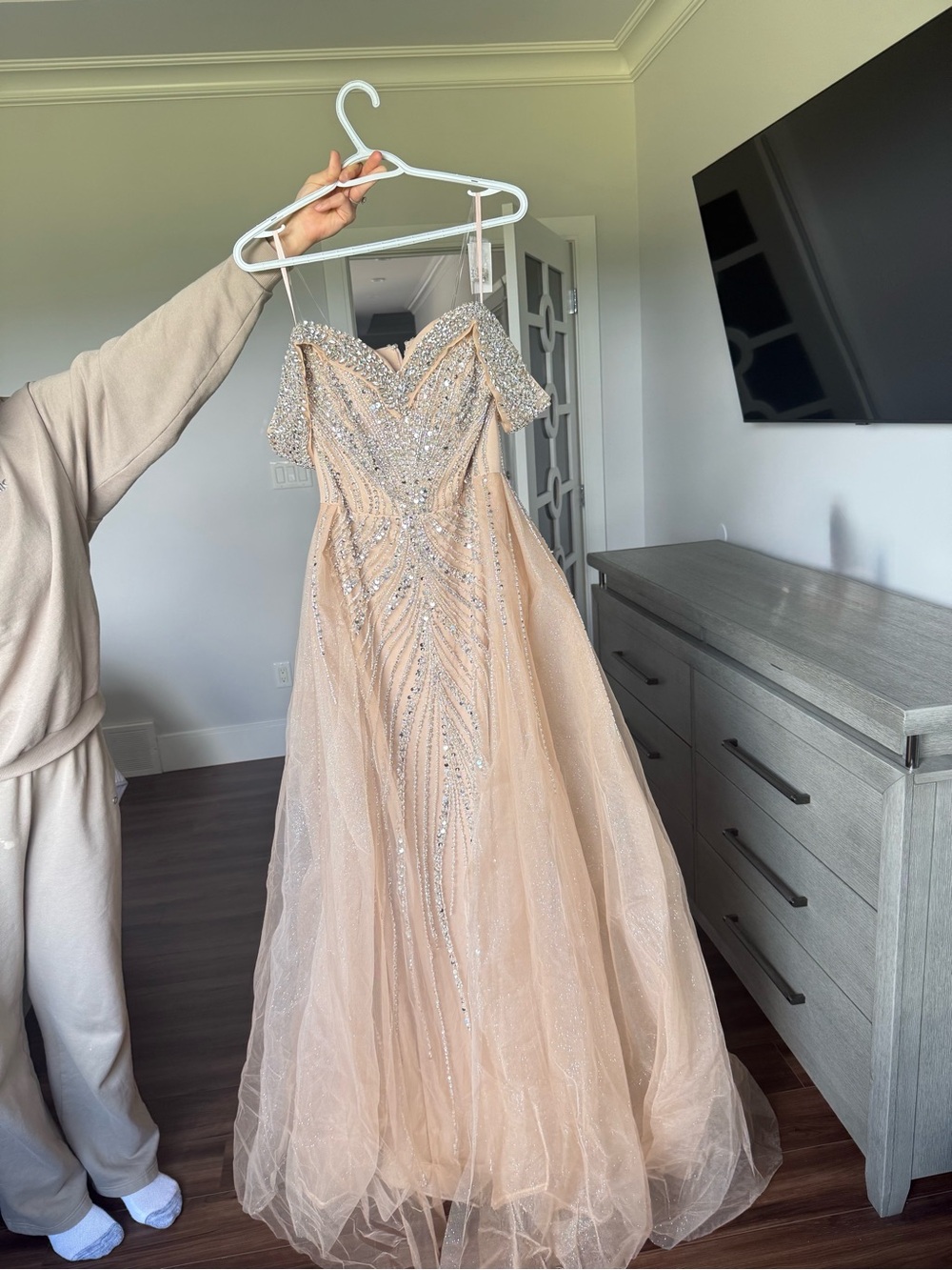 Fully Beaded Off-Shoulder Nude Evening Dress